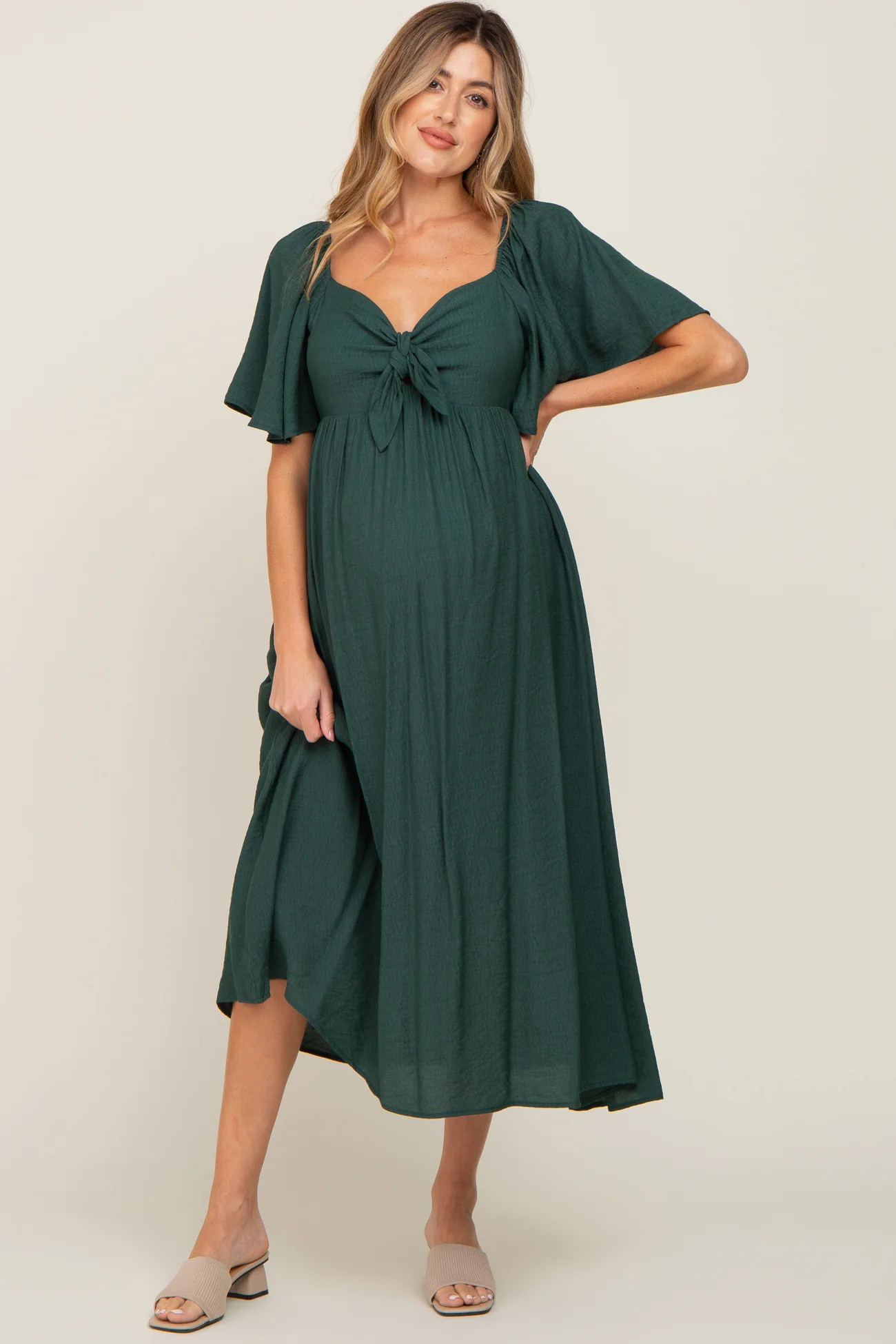 Hunter Green Front Tie Ruffle Sleeve Maternity Midi Dress | PinkBlush Maternity