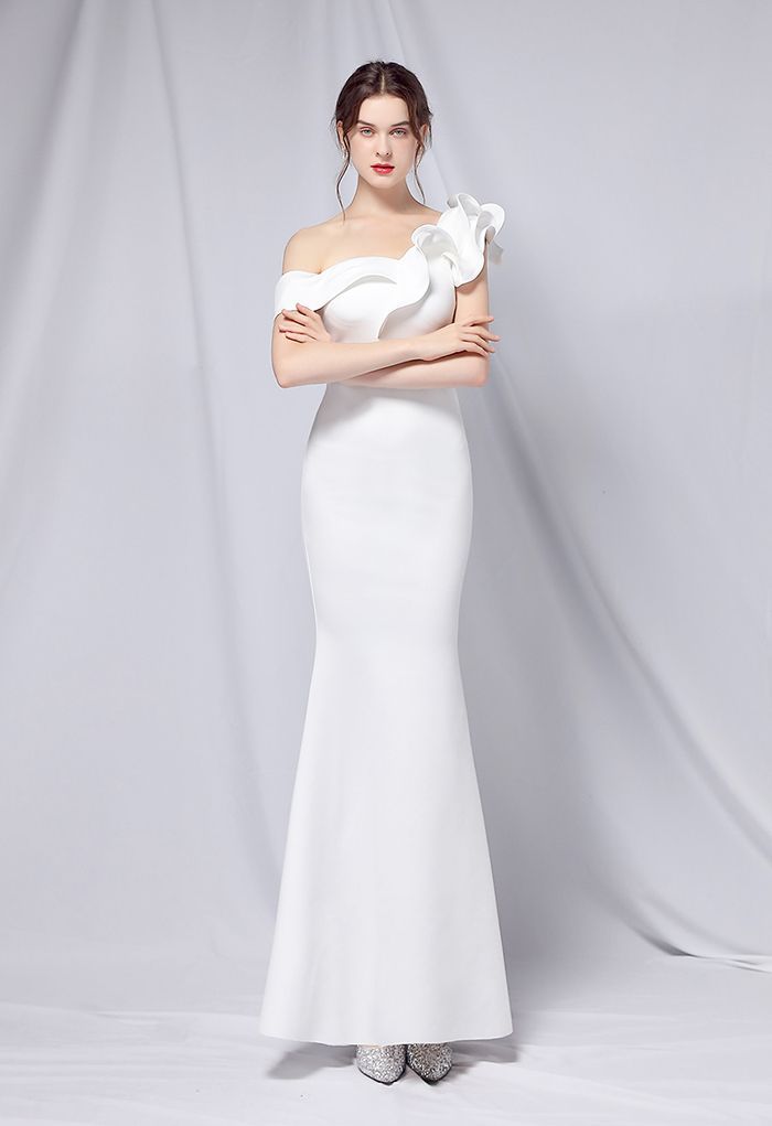Ruffle One-Shoulder Mermaid Satin Gown in White | Chicwish