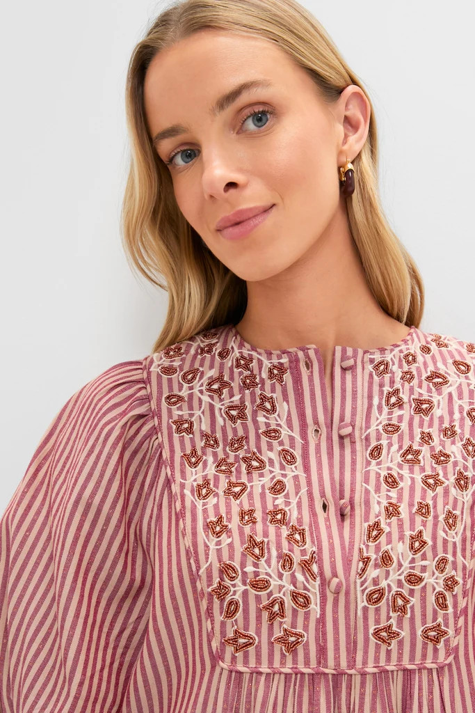 Red Lurex Stripe Hand Beaded Capote Dress | Tuckernuck (US)