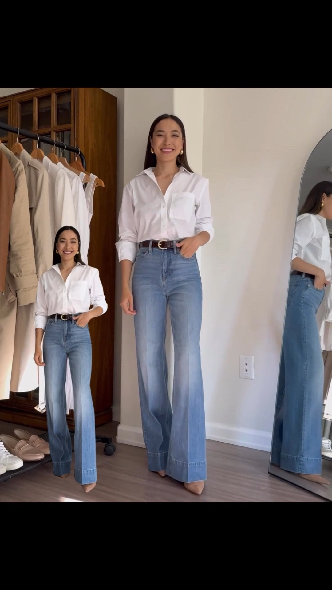 Classic work outfit with jeans 

Nordstrom button up — linked to a similar style 
Jcrew denim trousers — wearing the classic length but could’ve gone with the petite length (I’m 5’4”), exact wash I’m wearing is old, linked to a similar style Jcrew belt 
Heels — old, linked to a similar style 

#LTKWorkwear
