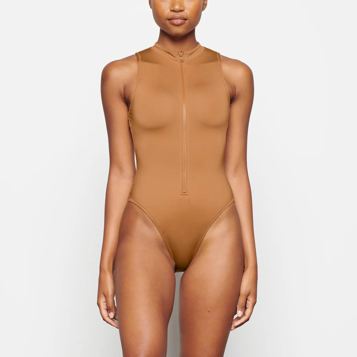 SIGNATURE SWIM ZIP FRONT SLEEVELESS ONE PIECE | ALMOND | SKIMS (US)