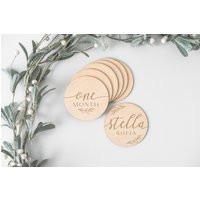 Wooden Monthly Milestone Discs With Personalized Name Plate | 6Pc Script Markers Foliage | One Month | Etsy (US)