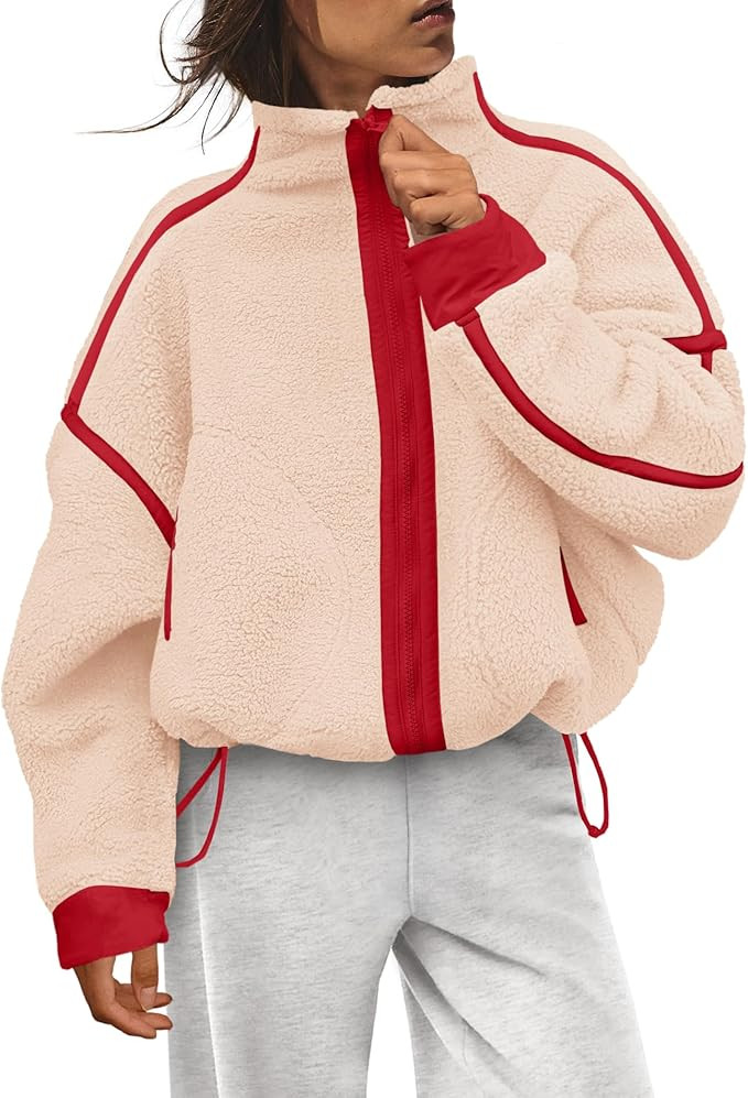 LAMISSCHE Zip up Fleece Jacket Women Oversized Mock Neck Sherpa Sweatshirt Striped Long Sleeve Pu... | Amazon (US)