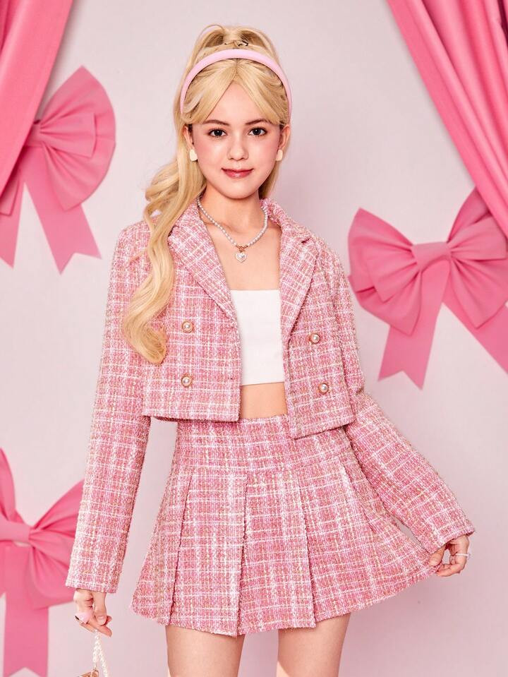 SHEIN Teen Girl Plaid Double Breasted Tweed Blazer & Pleated Skirt | SHEIN