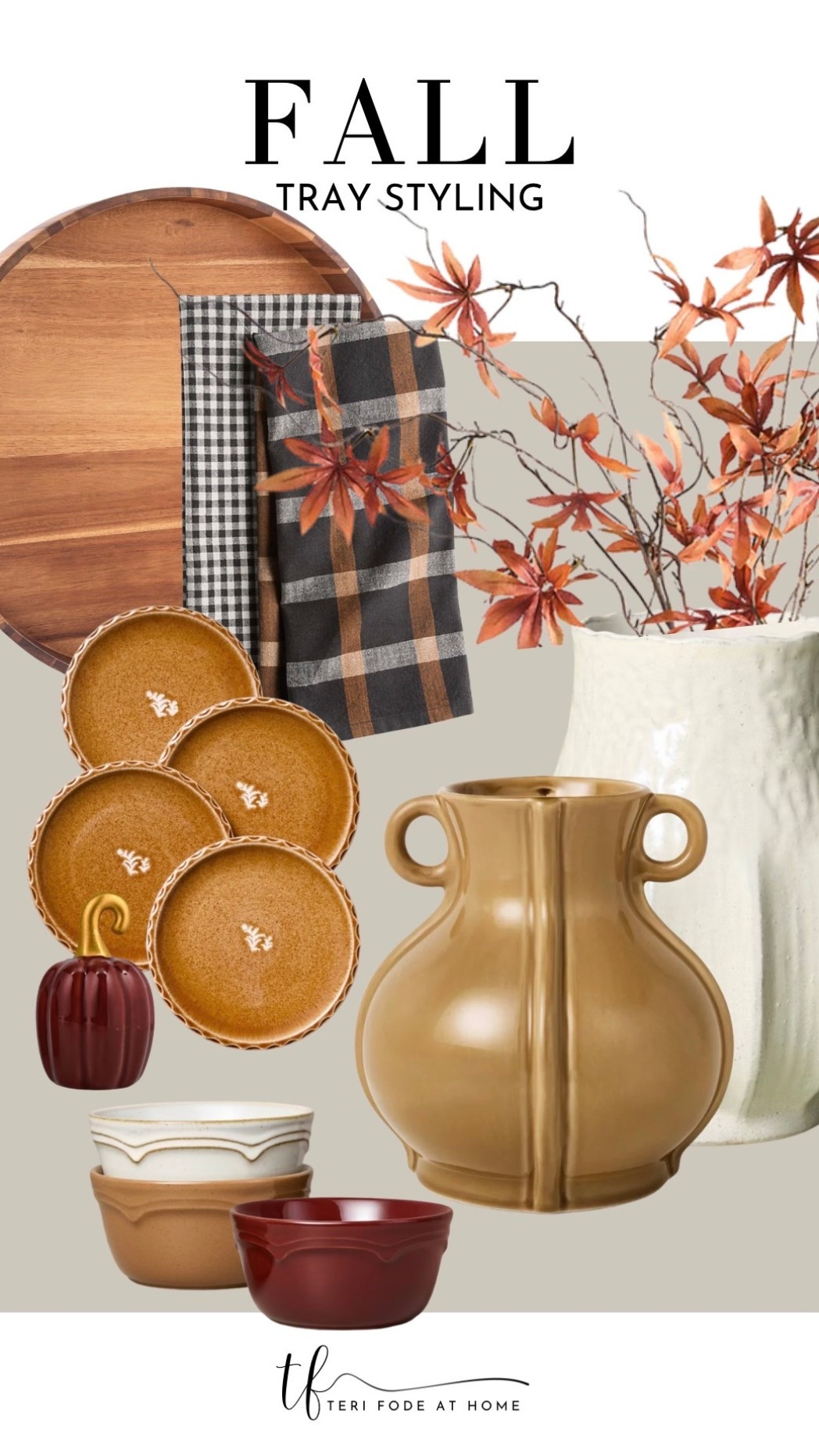 Fall kitchen decor with warm autumn colors, seasonal stems, layered appetizer plates, small bowls, wood accents and pretty decorative details. I love using serving pieces and dishes I already have to style a kitchen tray instead of keeping them tucked away in the cupboard. An easy way to transition your kitchen from summer to fall with rich browns, rust, burgundy, cream and natural textures.

#LTKSeasonal #LTKHome