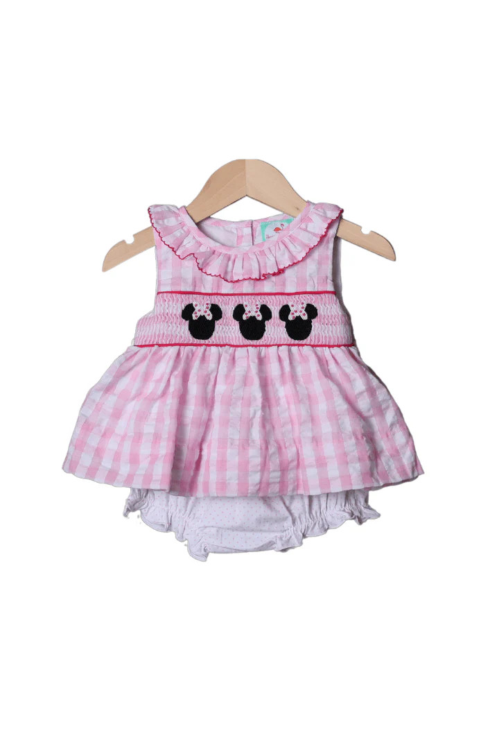 Smocked Mouse Pink Gingham Seersucker Bloomer Set | The Smocked Flamingo