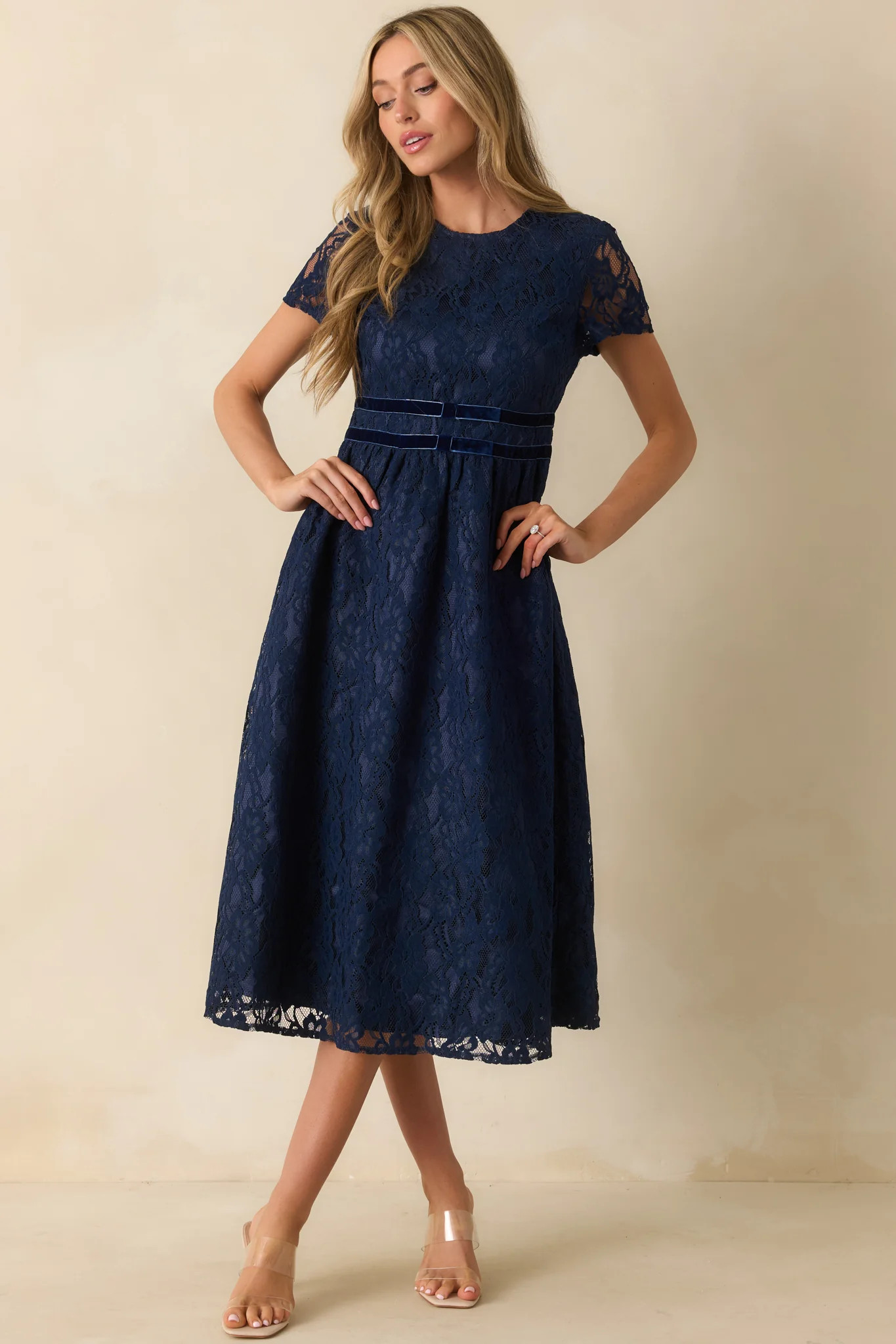 Never Look Back Navy Floral Lace Short Sleeve Velvet Trim Midi Dress | Red Dress