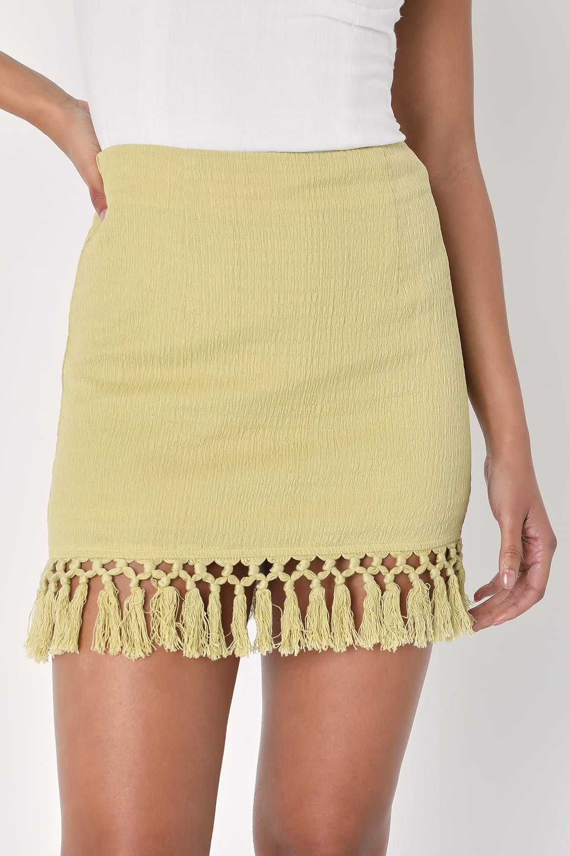Fortunate Flirt Lime Green Crinkled Fringe Mini Skirt | Lulus (US)