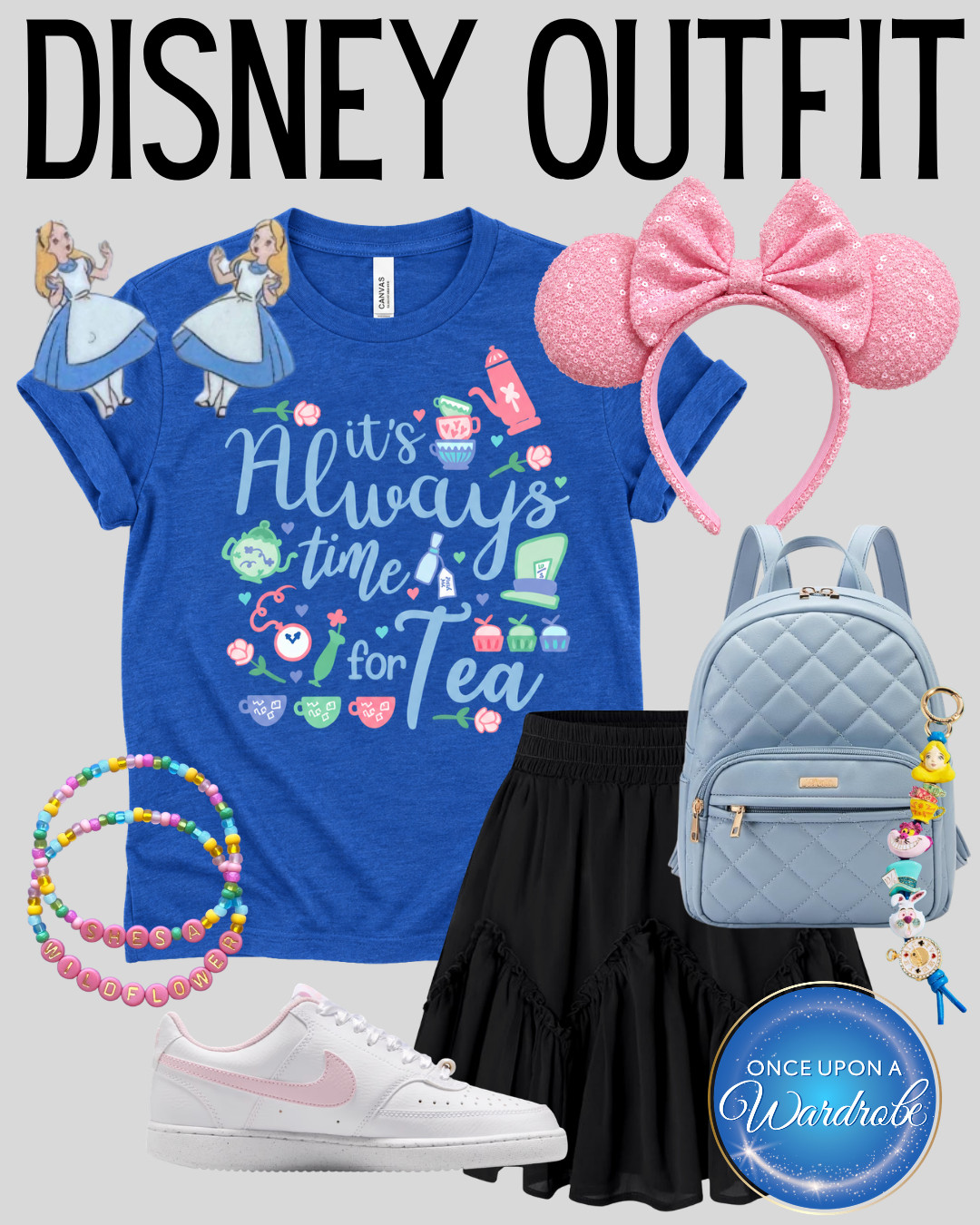 Alice in Wonderland Disney outfit idea for EPCOT or Hollywood Studios. This pastel blue and pink park look is cute, comfortable, and perfect for a whimsical Disneybound with a fun tea party feel. 

 #LTKootd #LTKmomlife #LTKTravel