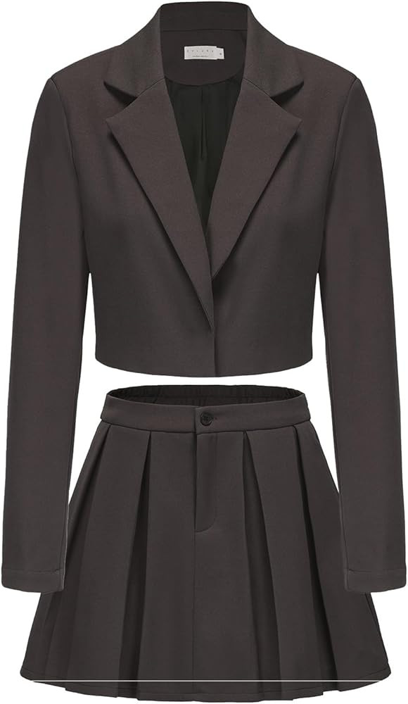EXLURA Women's Long Sleeve Blazer Suit Sets with Pleated Mini Skirt Fall 2 Piece Outfits Trendy Y... | Amazon (US)