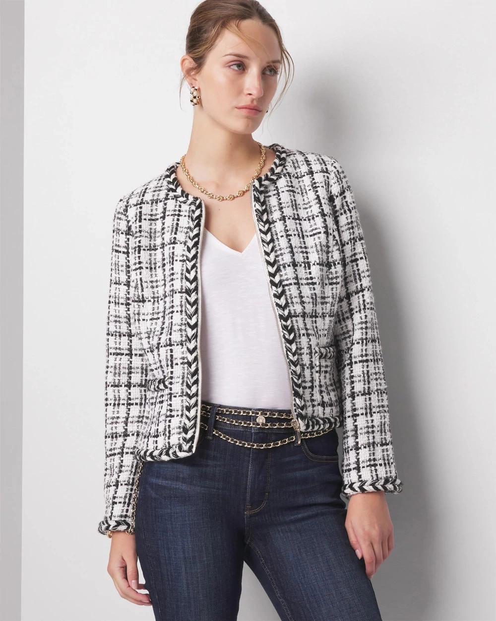 Women's Braided Trim Tweed Jacket in White w/ Black size 00 | White House Black Market | White House Black Market