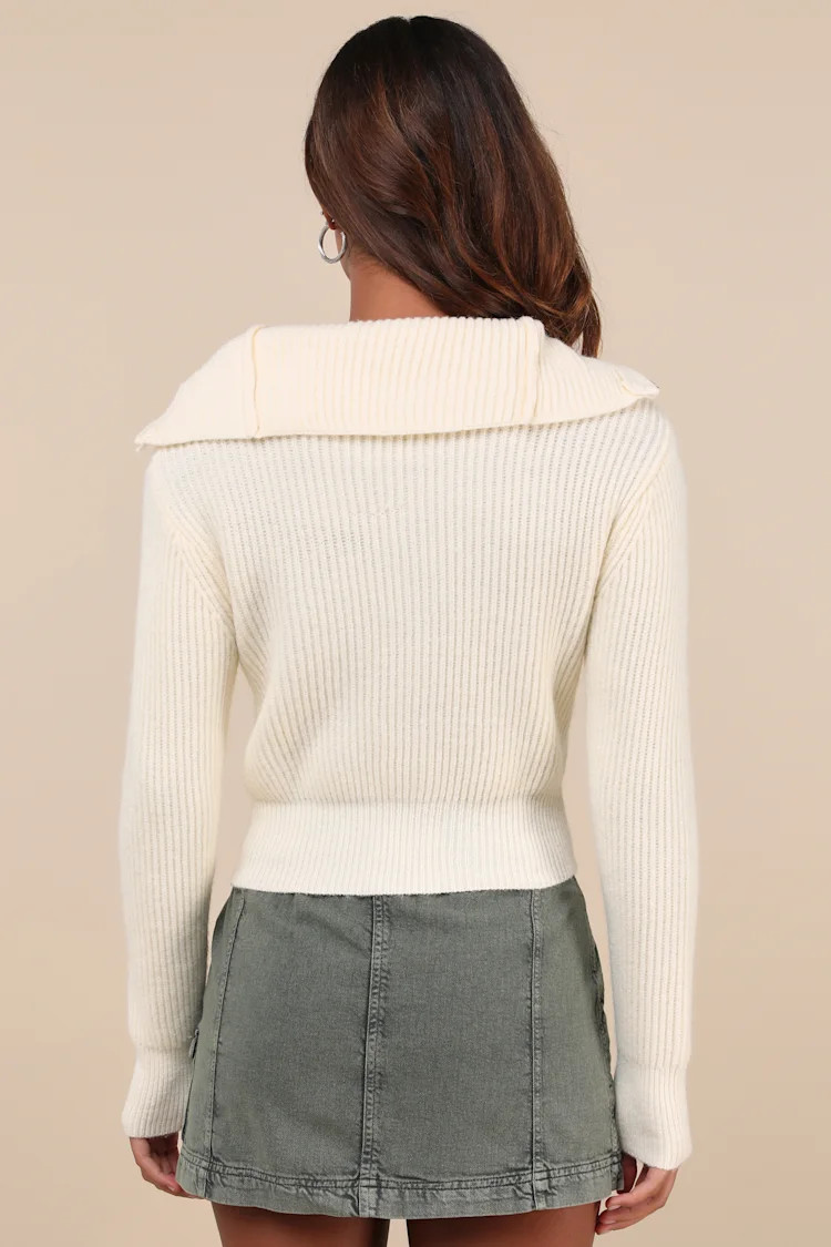 Cozy Inclination Ivory Cropped Zip-Front Collared Sweater | Lulus