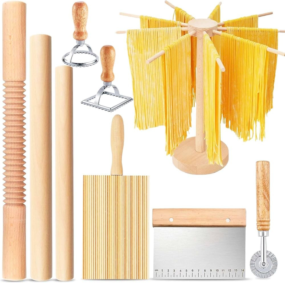 Pasta Making Tools, 9 Piece Wood Pasta Making Kit with 3 Rolling Pins, 1 Pasta Drying Rack, 1 Gno... | Amazon (US)
