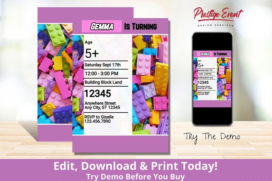 Building Block Girl Invitation - Building Brick Birthday Party - Pink & Purple Bricks Theme - Gir... | Etsy (US)