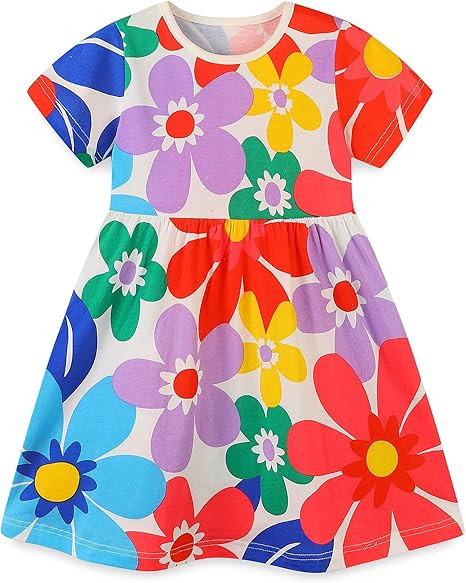 Bumeex Toddler Girl Clothes Cotton Casual Cartoon Print Short Sleeve Dresses 1-7 Years | Amazon (US)