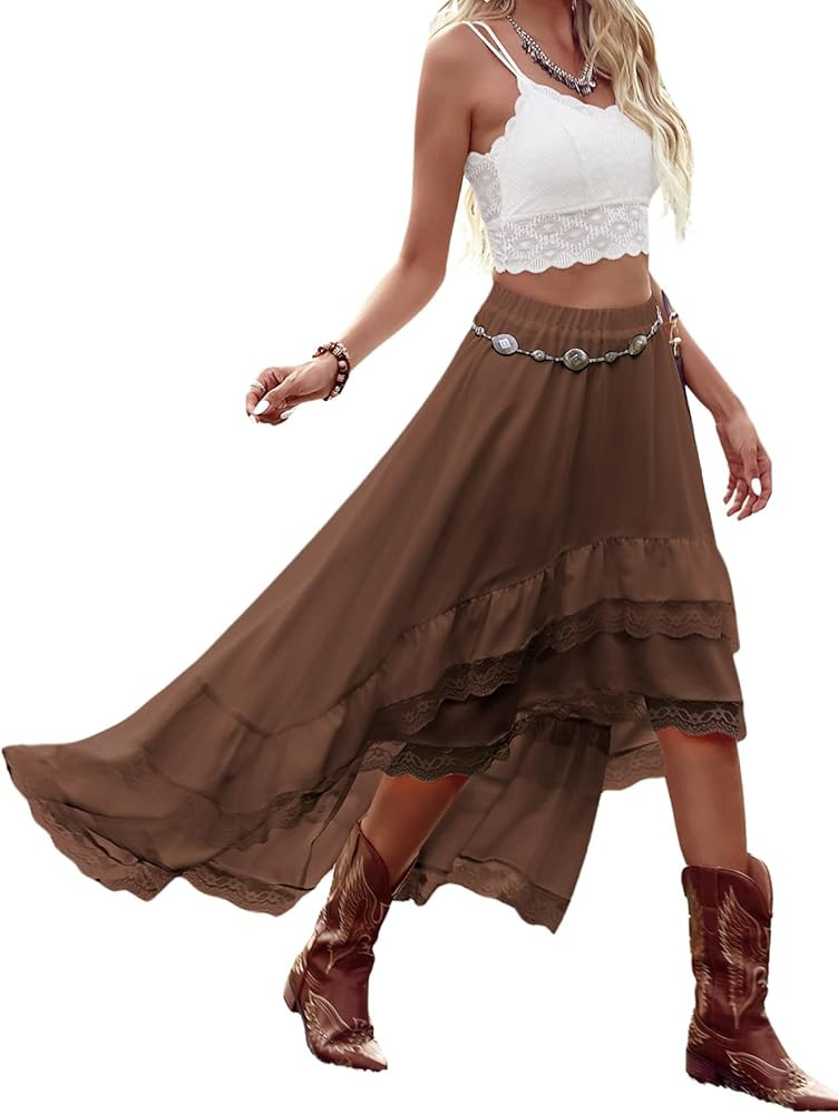 Verdusa Women's Western Boho Lace Ruffle Skirt Asymmetrical Country Cowgirl Skirts | Amazon (US)