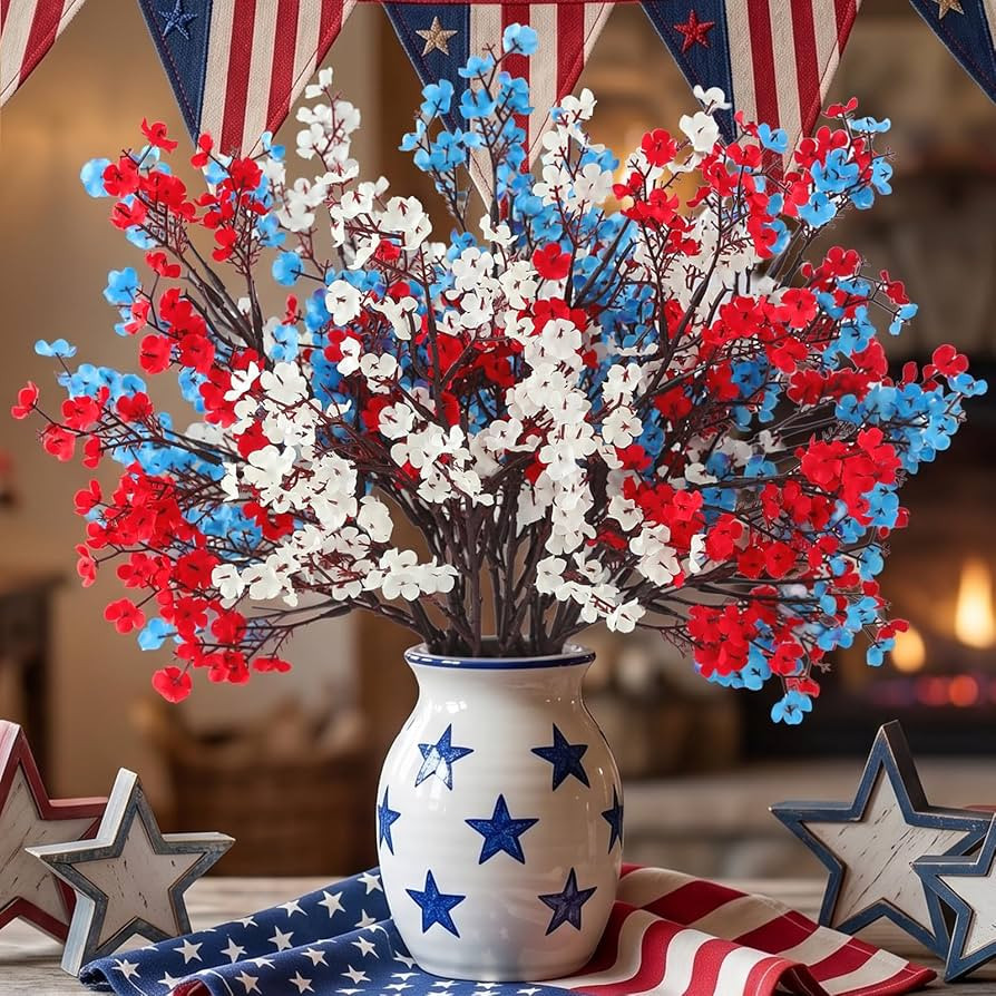 Hananona 10 Pcs 4th of July Flowers Artificial Babys Breath Fake Silk Red White Blue Patriotic Fl... | Amazon (US)