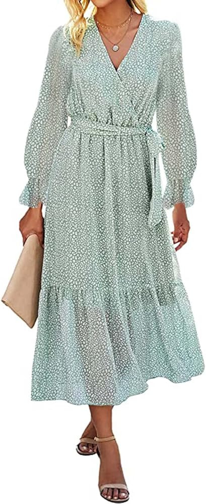 BTFBM Women's Casual Dresses Long Sleeve Wrap V Neck Floral Print Bohemian Swing A-Line Pleated Hem  | Amazon (US)