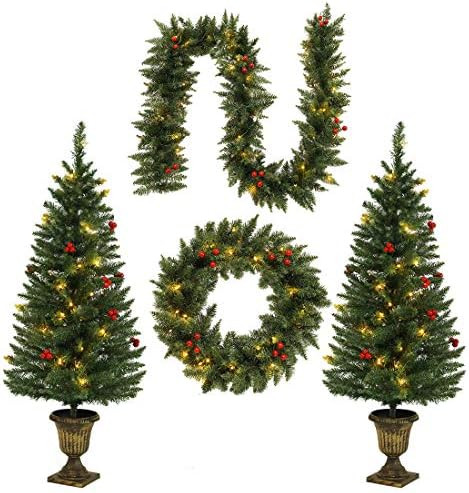 HOMAKER 4FT Christmas Tree Garland Wreath Set, Decorative Bases 200 UL Certificated LED Lights, A... | Amazon (US)