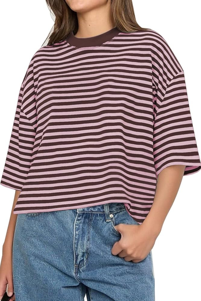 CHYRII Womens Oversized Striped T Shirts Short Sleeve Fashion 2026 Casual Crewneck Summer Y2K Clo... | Amazon (US)