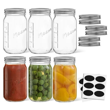 Wide Mason Jars with Airtight Lids, Labels and Measures - 32 oz - [Set of 6] Airtight Canning Jars, Glass Storage Jars | Walmart (US)