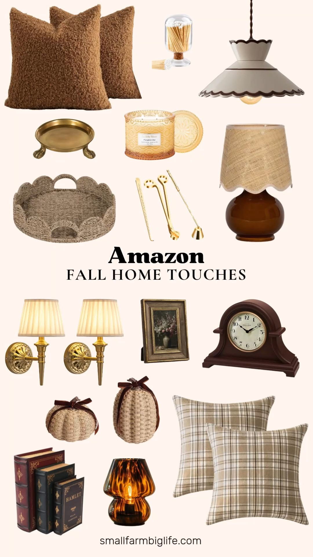 Fall home decor is all about warm, cozy layers this season, and this lineup has something for nearly every room. The vintage scalloped pendant light in cream and dark brown is a gorgeous cottagecore statement piece for a kitchen island or dining room, while the amber mushroom lamp brings that same nostalgic charm to a nightstand or shelf, and it's cordless with a built in timer.

For soft touches, the curly teddy wool throw pillow covers in caramel and the fall plaid pillow covers in tan brown and cream add instant coziness to a sofa or bed. The seagrass scalloped tray is perfect for styling a coffee table, and the fake rattan pumpkins with a brown bow bring easy, low maintenance autumn decor to a mantle or table.

A few small details go a long way too. The walnut brown Napoleon mantel clock and the vintage wood grain picture frame both bring a timeless, farmhouse feel, while the gold cordless wall sconces add ambient lighting without any wiring needed. The decorative book boxes are a clever way to hide storage while still looking intentional on a shelf.

Finish the space with a pumpkin chai scented candle for that classic fall scent, paired with the gold candle wick trimmer and the glass match cloche for a styled, finished look on any tray or vanity. The ceramic table lamp with a fabric shade rounds out the collection as an easy, warm accent for any room.

#amazonhome #falldecor #amazonfinds #cottagecore #fallhome 

 #LTKSeasonal #LTKHome