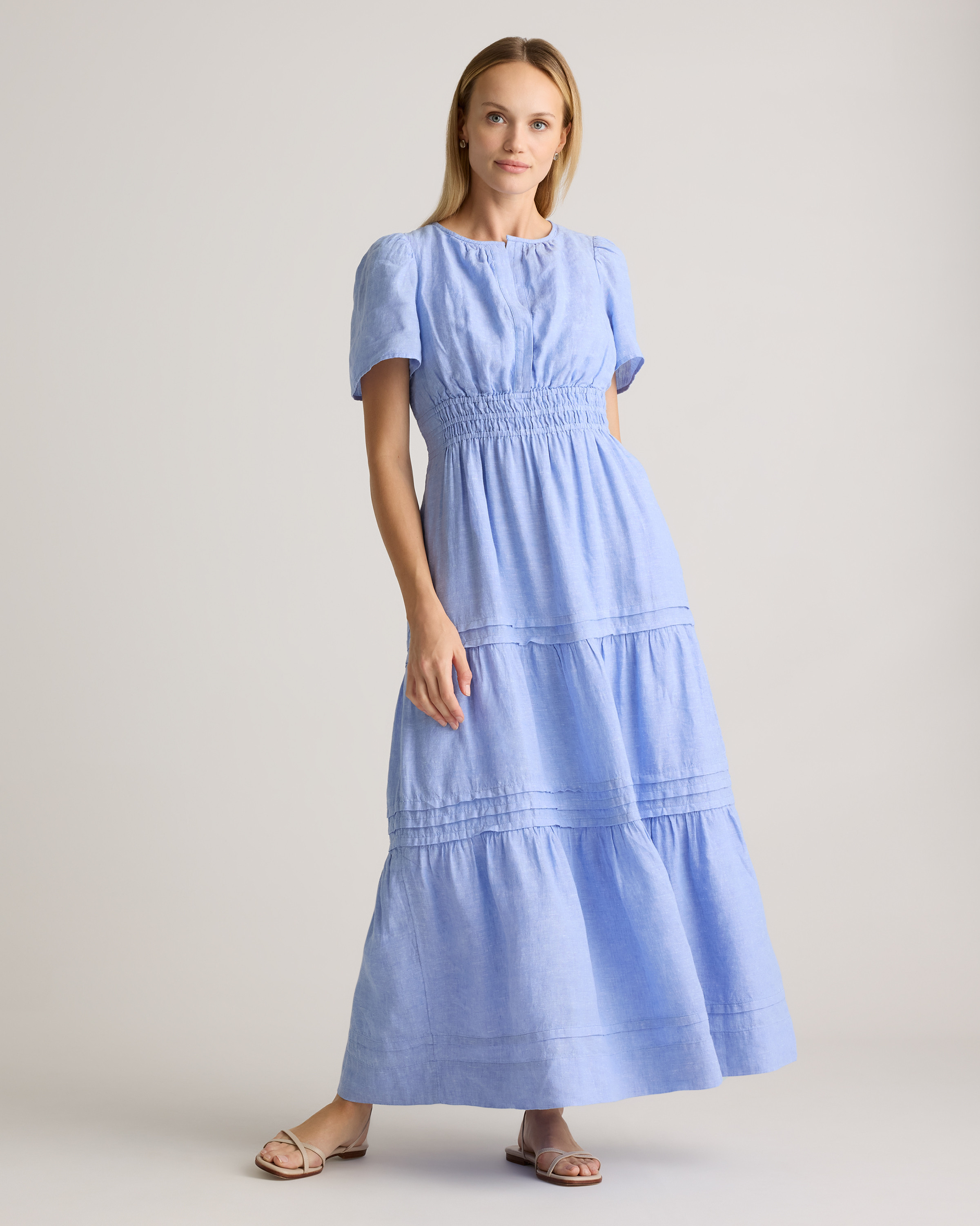 Quince | Women's 100% European Linen Tiered Maxi Dress in French Blue, Size Medium | Quince