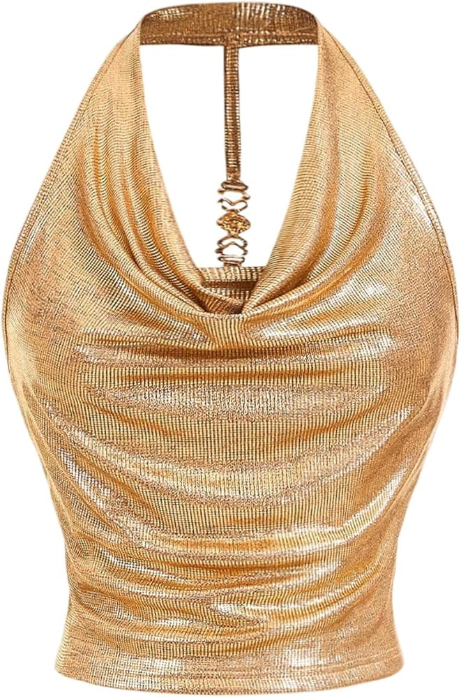 Milumia Women Metallic Halter Y2k Crop Tops Ruched Backless Cowl Neck Party Club Rave Sleeveless ... | Amazon (US)