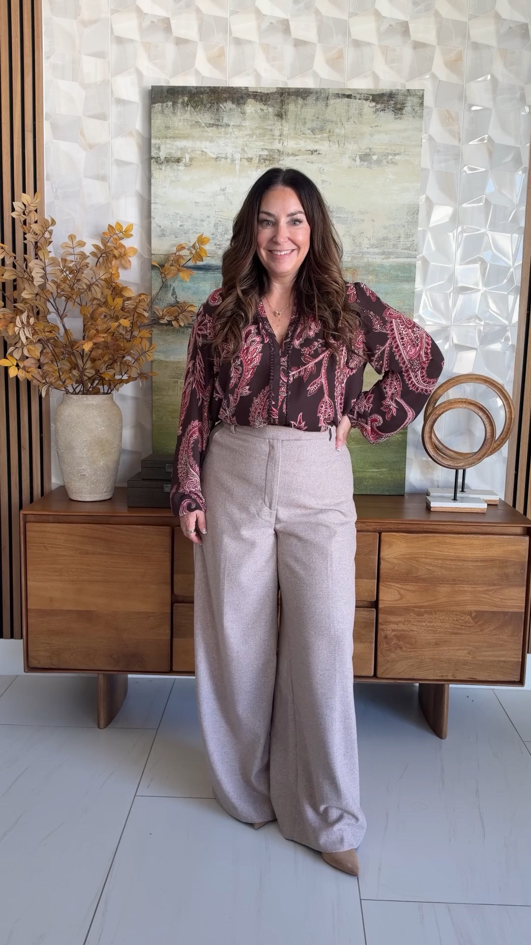 Paisley print blouse + wide-leg trousers 🍂 This rich burgundy print is giving fall in the best way! The trousers are flowy, polished, and so easy to dress up or down 🤍

Sizing: blouse tts, L | Pants - wearing 12R but run long and high rise would prefer petite