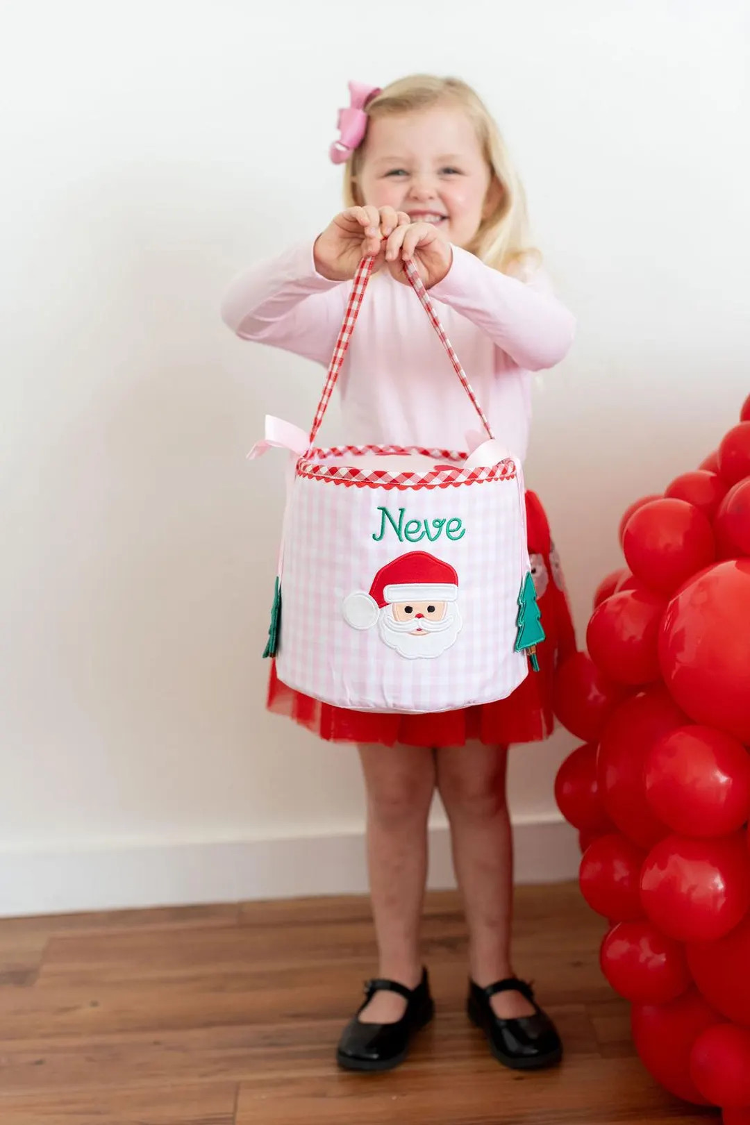 Personalized Pink Gingham Christmas Bucket: Embroidered Santa Bag, Burr Bag for Winter, Embroider... | Etsy (US)