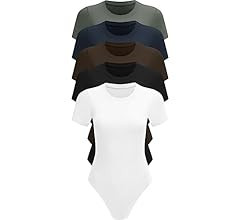 MLYENX 5 Pack Short Sleeve Bodysuit For Women Round Neck Casual Stretchy Basic T Shirt Bodysuit T... | Amazon (US)
