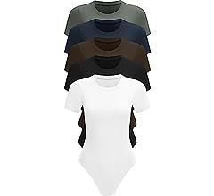 MLYENX 5 Pack Short Sleeve Bodysuit For Women Round Neck Casual Stretchy Basic T Shirt Bodysuit T... | Amazon (US)