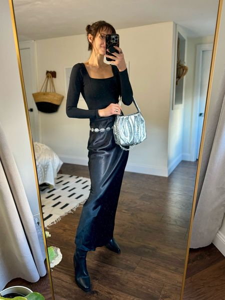 Hands down the highest quality satin maxi skirt like no other!! 
Perfect date night outfit with the black bodysuit and silver chain belt and silver bag.
Western inspired, cowboy boots


#LTKSeasonal #LTKfindsunder100 #LTKsalealert