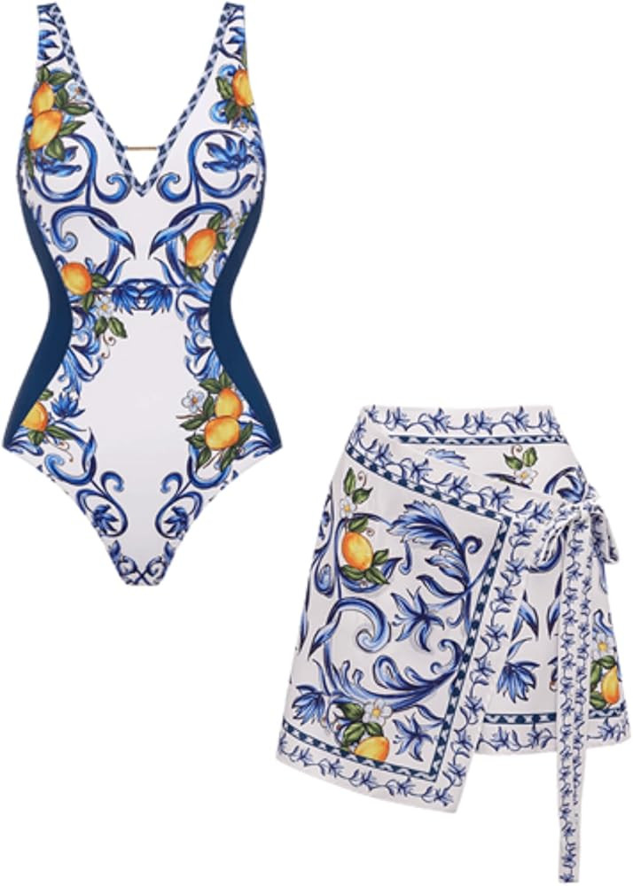 FLAXMAKER Womens Adjustable Strap V-Neck Bathing Suits with Lemon Print Swimsuit and Skirt/Short ... | Amazon (US)