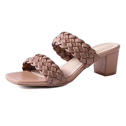 N.N.G Women Heel Sandals Nude Size 8 Low Heel Braided Block Chunky Dress Summer Casual Woven Leather 2 inch heel Square toe | Amazon (US)