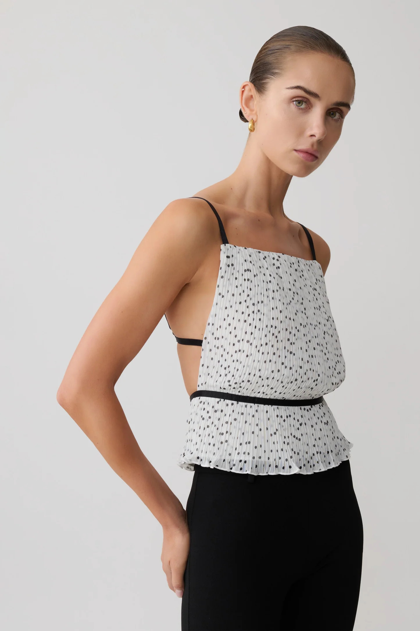 Lilou Pleated Sleeveless Top - Polka Dot | MESHKI US