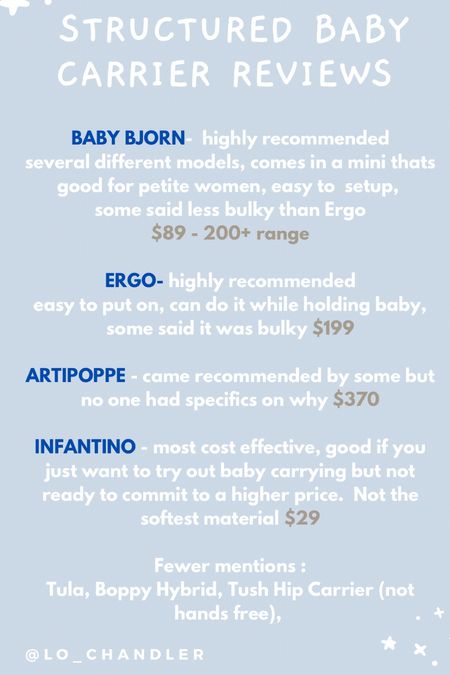 Structured baby carrier reviews from Instagram audience 

#LTKfamily #LTKbump #LTKbaby