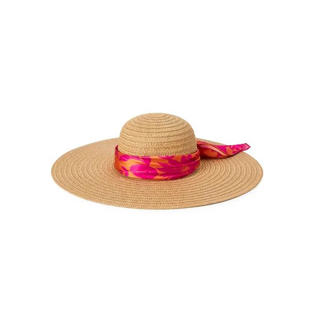 Scoop Women's Straw Sun Hat with Scarf Trim, Adult Female Tan Sunhat - Walmart.com | Walmart (US)