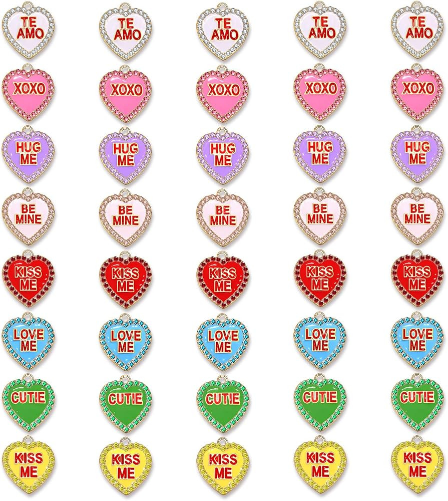 40-80PCS Valentine's Day Heart Charms for Jewelry Making Assorted Enamel Rhinestone Heart Pendant... | Amazon (US)