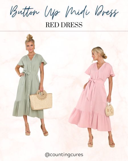 Get these trendy button-up dresses in pink and green for spring or summer!

#mididress #outfitidea #vacationoutfit #pasteldress

#LTKstyletip #LTKSeasonal #LTKU