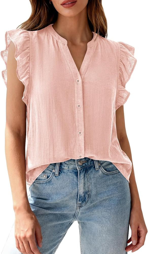 Zenlonr Womens Short Ruffle Sleeve Shirts V Neck Button Down Shirt Solid Color Going Out Spring T... | Amazon (US)