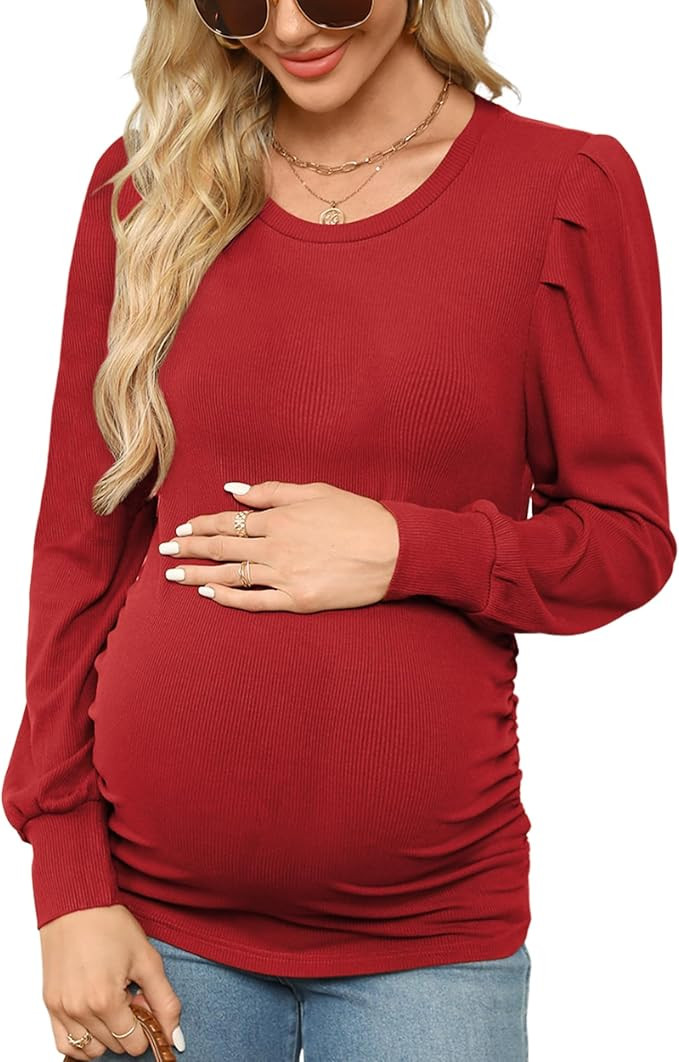 Onedreamer Women's Maternity Shirts Puff Sleeve Round Neck Tunic Top Casual Pregnancy Clothes | Amazon (US)
