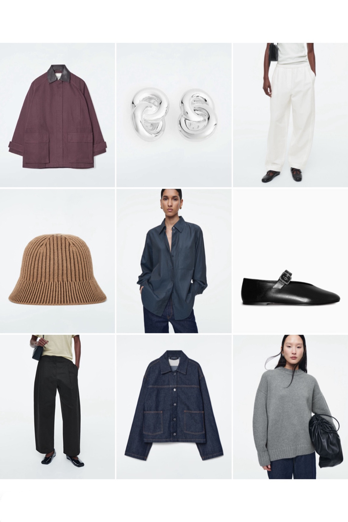 COS TOP NINE | knitwear, ballet flat, denim jacket, indigo denim, barrel trousers, black trousers, white trousers, silver earrings, clip on earrings, knit hat, knit bucket hat, utility jacket, burgundy jacket, autumn fashion, transitional fashion 



#LTKuk #LTKeurope #LTKautumn