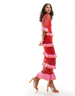 Never Fully Dressed contrast crochet maxi dress in red and pink | ASOS | ASOS (Global)
