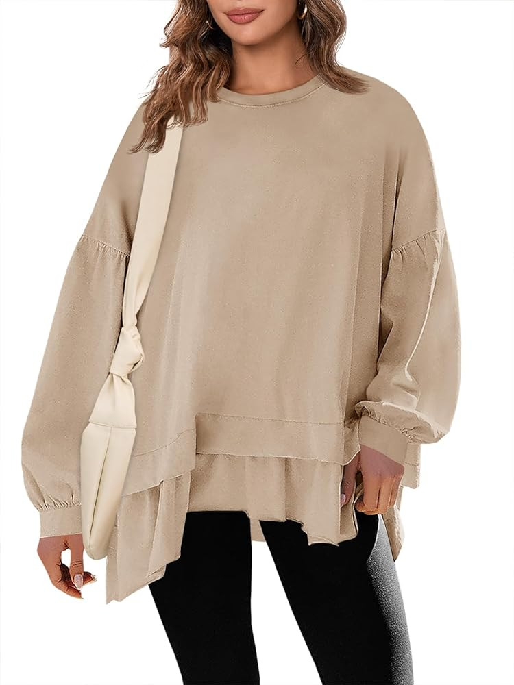 Tankaneo Womens Oversized Tops Peplum Puff Long Sleeve Shirts Trendy Casual Loose Fit Crew Neck T... | Amazon (US)