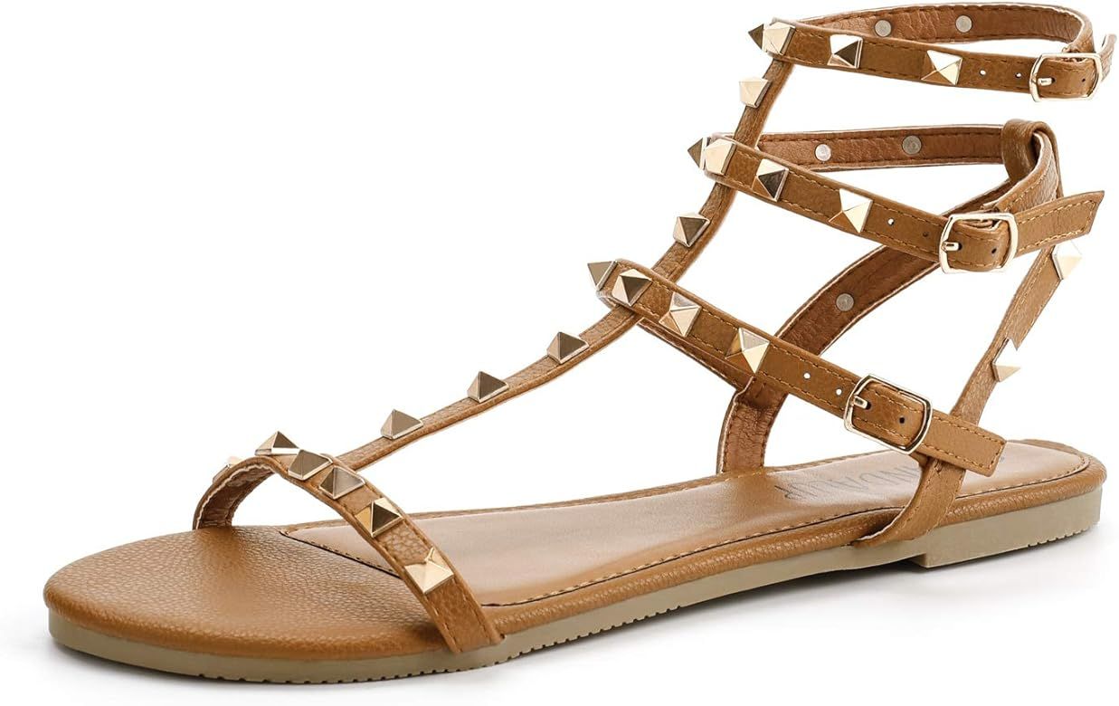 Rivets Studs Flat Sandals w Double Metal Buckle for Women’s Summer Dress Shoes | Amazon (US)