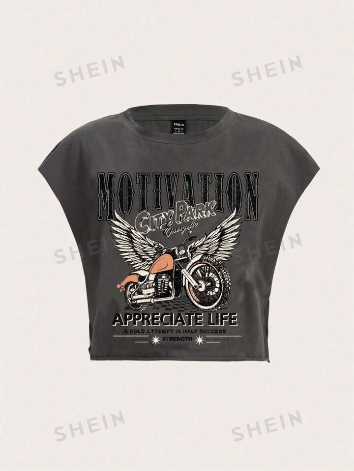 SHEIN EZwear Bikercore Lettering And Motorcycle Wings Music Festival Printed  T-Shirt | SHEIN USA | SHEIN