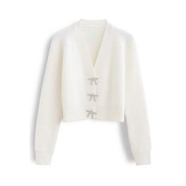 Bowknot Brooch Button Up Crop Knit Cardigan in White | Chicwish