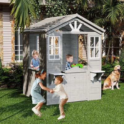 Wooden Play House for Kids, Wooden Kids Play House Outdoor Cottage, Toddler Outdoor Playhouse, Vinyl Roof with Play Kitchen | Target