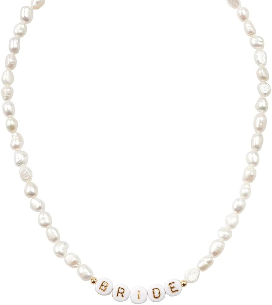 xo, Fetti Bride Freshwater Pearl Beaded Necklace, 14" Choker, Gold Letter Beads Jewelry | Bachelo... | Amazon (US)